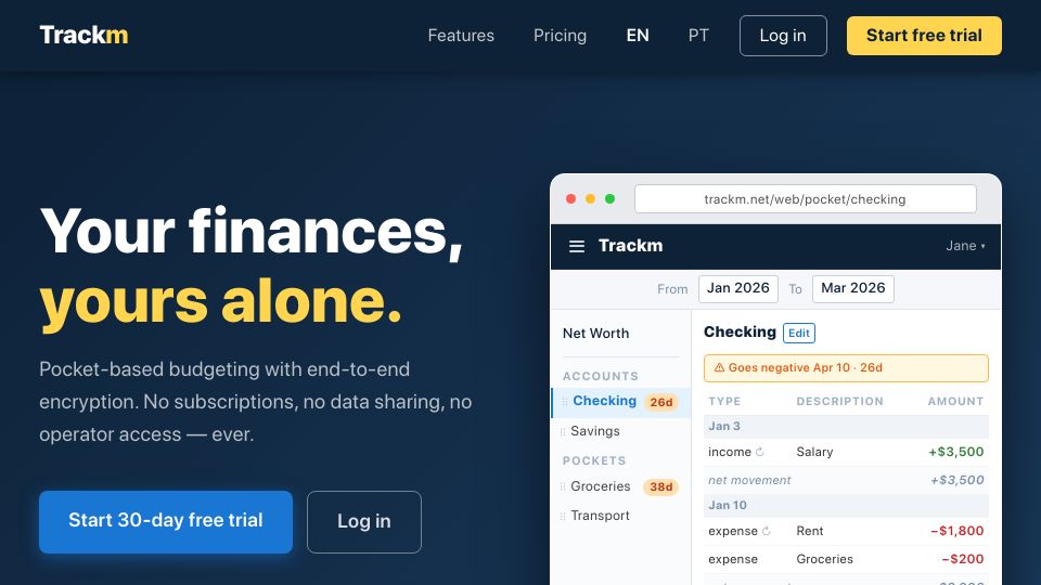 Screenshot of trackm.net: Show HN: Trackm, a personal finance web app