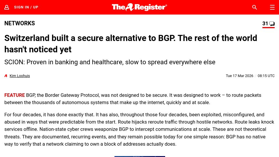Screenshot of theregister.com: Switzerland Built an Alternative to BGP