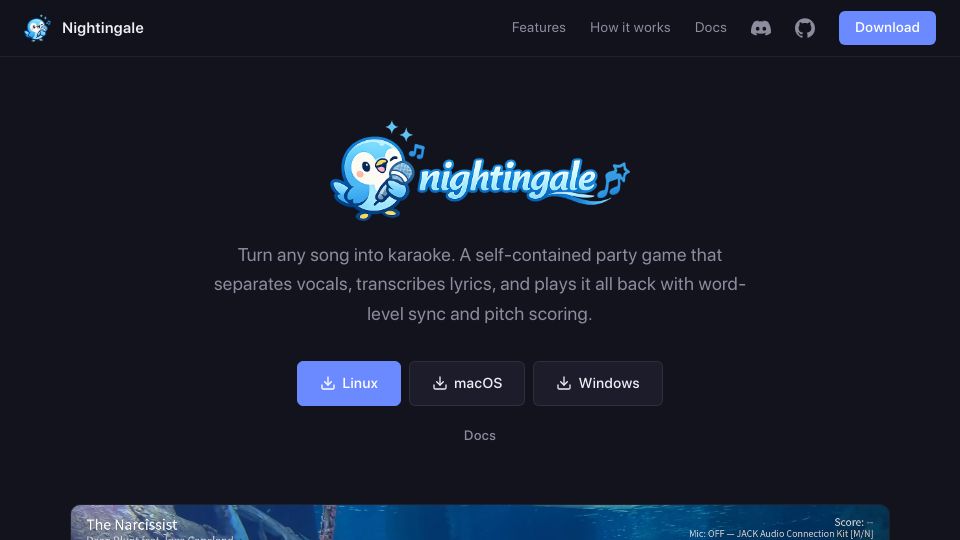 Screenshot of nightingale.cafe: Nightingale – open-source karaoke app that works with any song on your computer