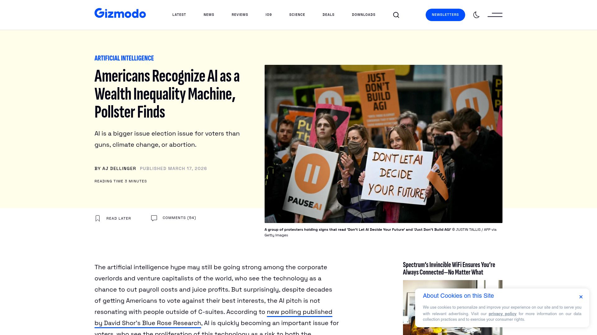 Screenshot of gizmodo.com: Americans Recognize AI as a Wealth Inequality Machine, Polls Find