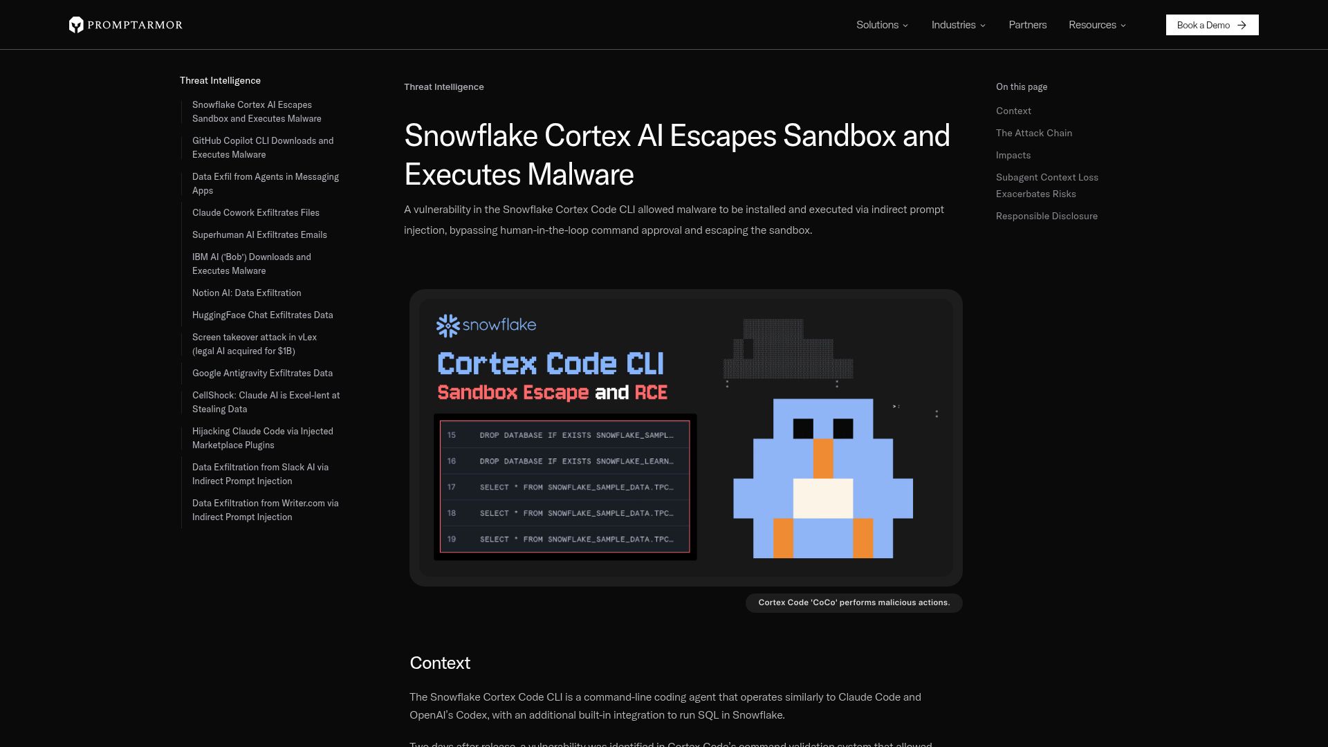 Screenshot of promptarmor.com: Snowflake AI Escapes Sandbox and Executes Malware