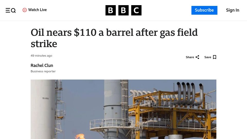 Screenshot of bbc.com: Oil nears $110 a barrel after gas field strike
