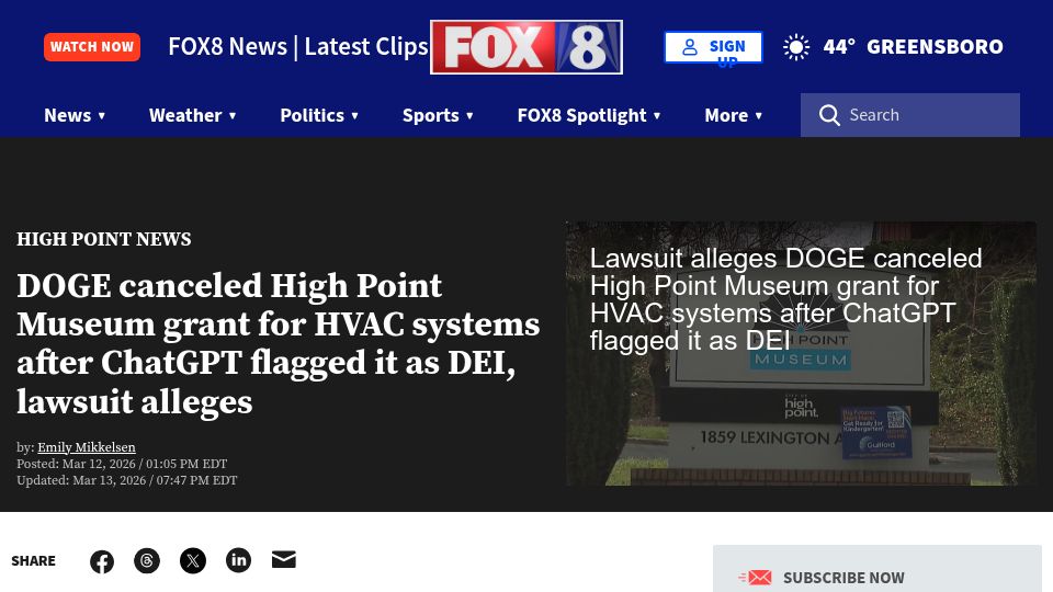 Screenshot of myfox8.com: DOGE canceled NC Museum grant for HVAC systems after ChatGPT flagged it as DEI
