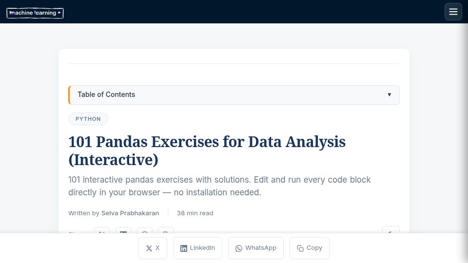 Screenshot of machinelearningplus.com: Pandas Exercises for Data Analysis (Interactive)