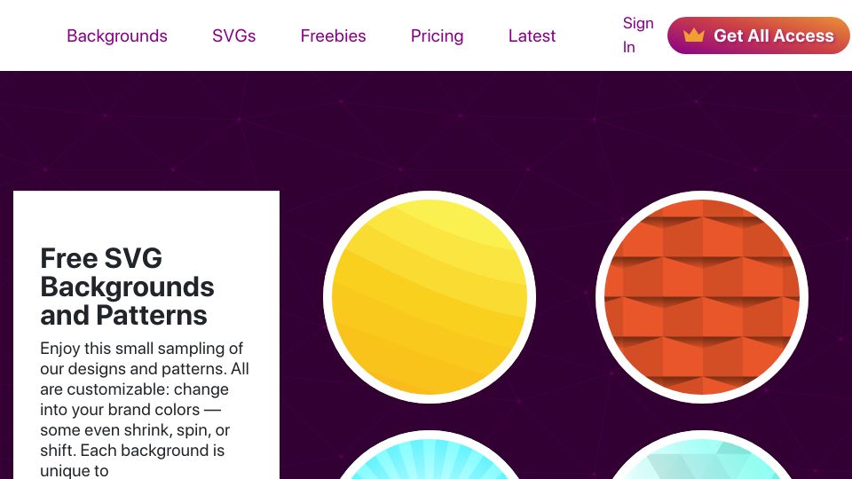 Screenshot of svgbackgrounds.com: Show HN: I built 48 lightweight SVG backgrounds you can copy/paste