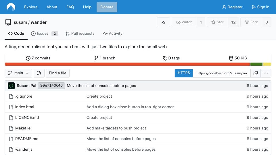 Screenshot of codeberg.org: A tiny, decentralised tool to explore the small web