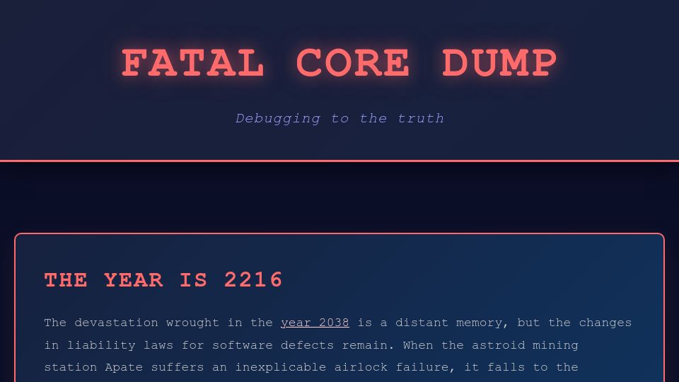 Screenshot of robopenguins.com: Show HN: Fatal Core Dump – A debugging murder mystery played with GDB