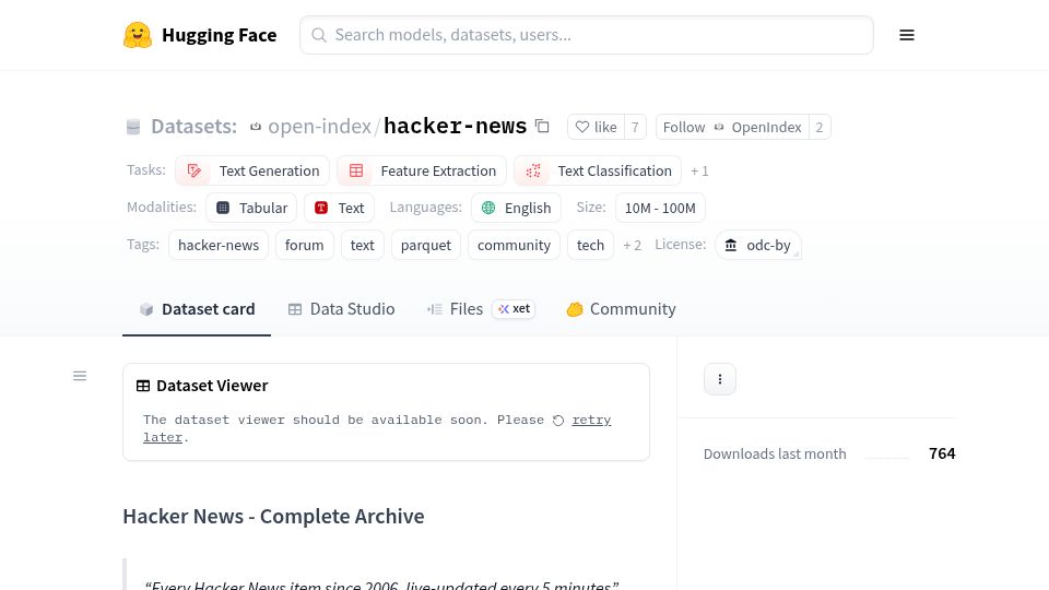 Screenshot of huggingface.co: Show HN: Hacker News archive (47M+ items, 11.6GB) as Parquet, updated every 5m