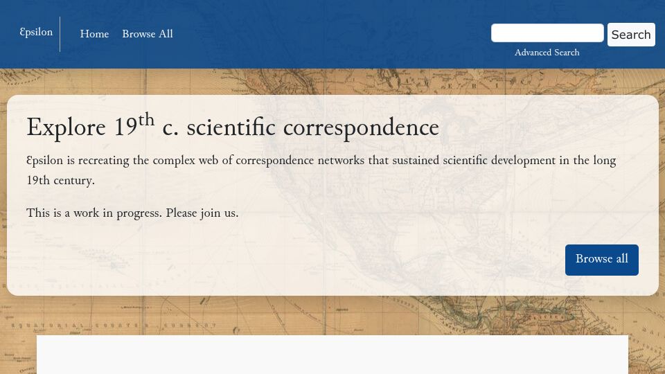 Screenshot of epsilon.ac.uk: Explore 19th Century Scientific Correspondence