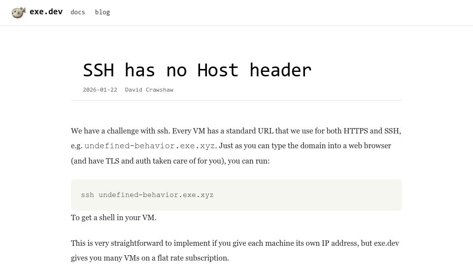 Screenshot of blog.exe.dev: SSH has no Host header