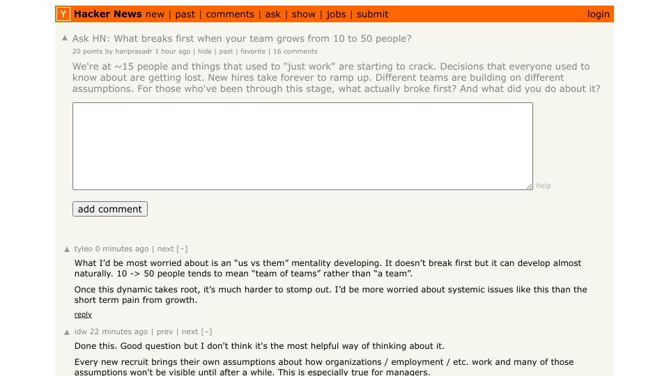 Screenshot of Hacker News post: Ask HN: What breaks first when your team grows from 10 to 50 people?