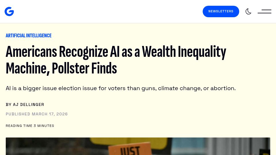 Screenshot of gizmodo.com: Americans Recognize AI as a Wealth Inequality Machine, Polls Find