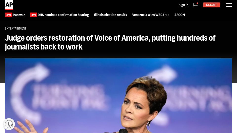 Screenshot of apnews.com: Judge orders restoration of Voice of America