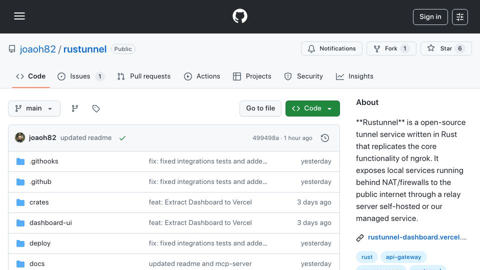 Screenshot of github.com: A ngrok-style secure tunnel server written in Rust and Open Source