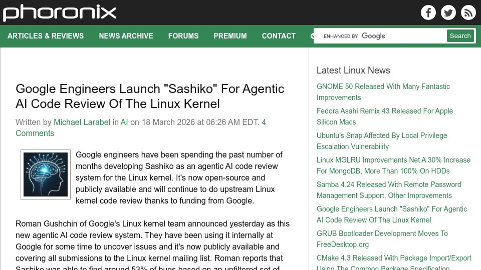 Screenshot of phoronix.com: Google Engineers Launch "Sashiko" for Agentic AI Code Review of the Linux Kernel