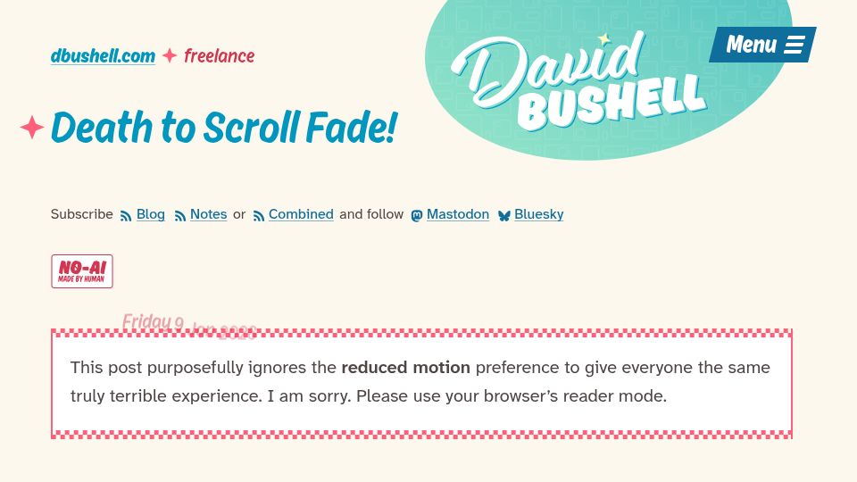 Screenshot of dbushell.com: Death to Scroll Fade