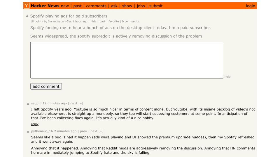 Screenshot of Hacker News post: Spotify playing ads for paid subscribers