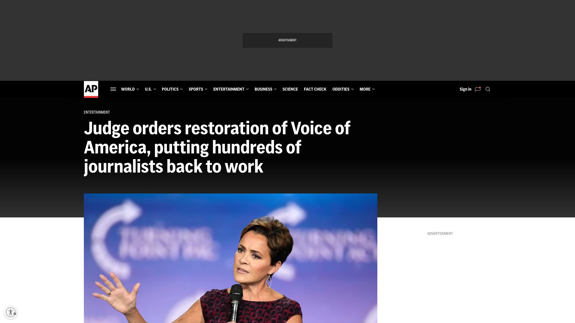 Screenshot of apnews.com: Judge orders restoration of Voice of America