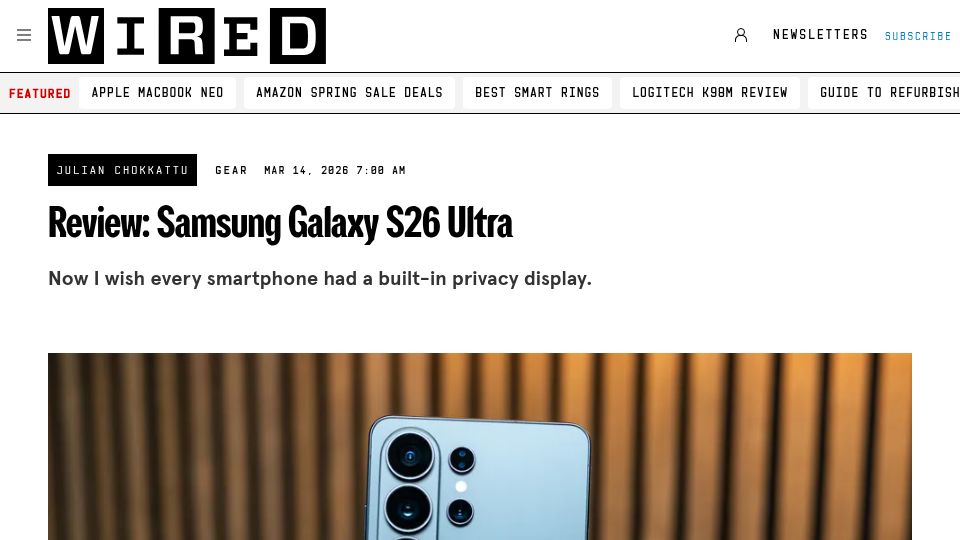Screenshot of wired.com: Review: Samsung Galaxy S26 Ultra