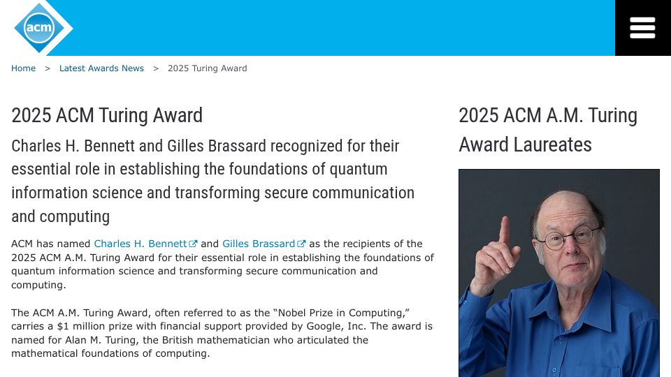 Screenshot of awards.acm.org: 2025 Turing award given for quantum information science