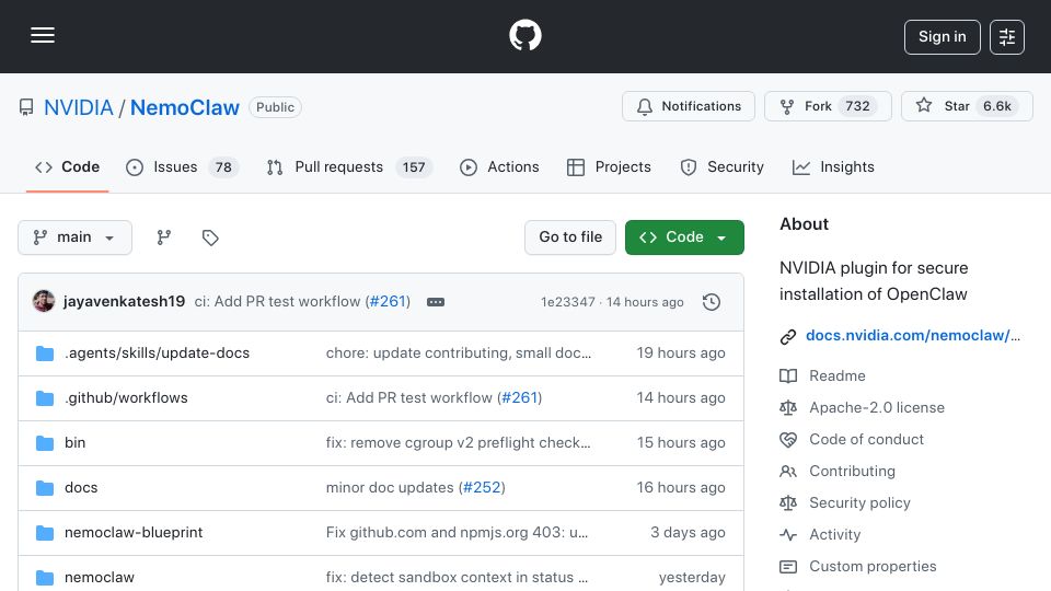 Screenshot of github.com: Nvidia NemoClaw