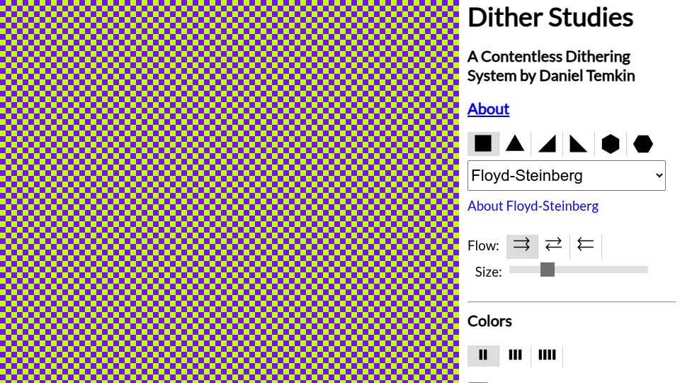 Screenshot of danieltemkin.com: A dither generator for triangular and hexagonal pixels (2025)