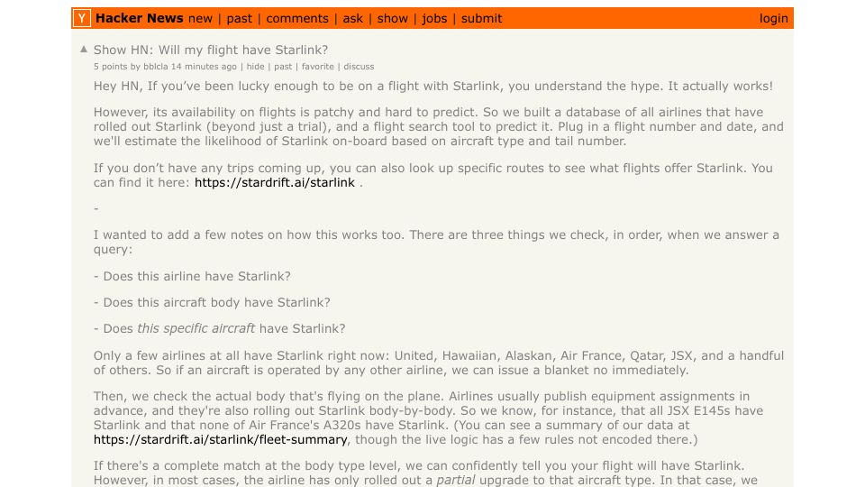 Screenshot of Hacker News post: Show HN: Will my flight have Starlink?