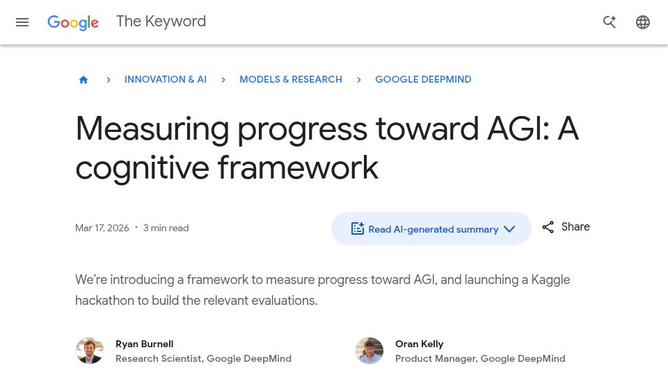 Screenshot of blog.google: Measuring progress toward AGI: A cognitive framework