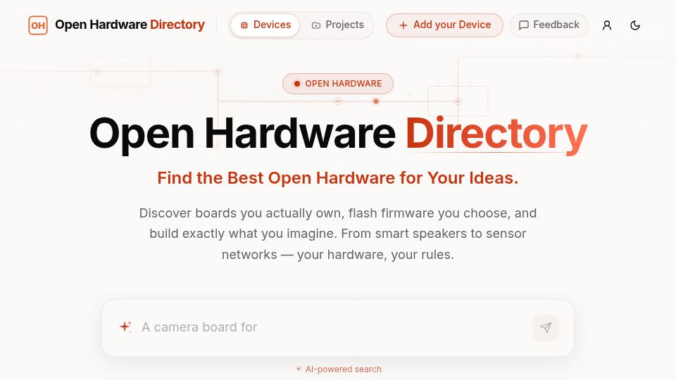 Screenshot of openhardware.directory: More than 135 open hardware devices flashable with your own firmware