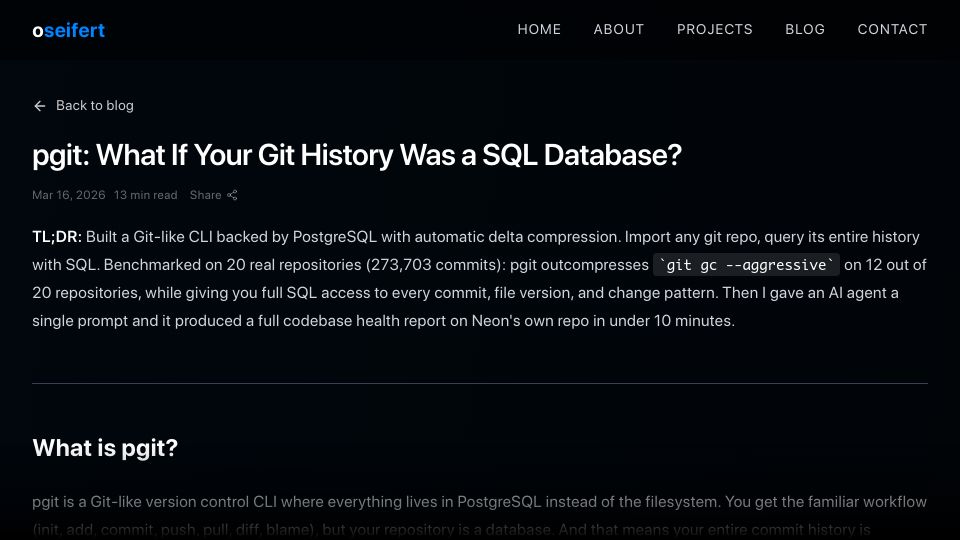 Screenshot of oseifert.ch: Show HN: Pgit – A Git-like CLI backed by PostgreSQL
