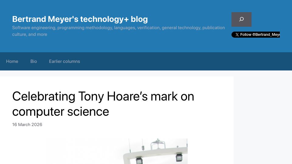 Screenshot of bertrandmeyer.com: Celebrating Tony Hoare's mark on computer science