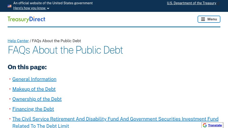 Screenshot of treasurydirect.gov: FAQs About the Public Debt