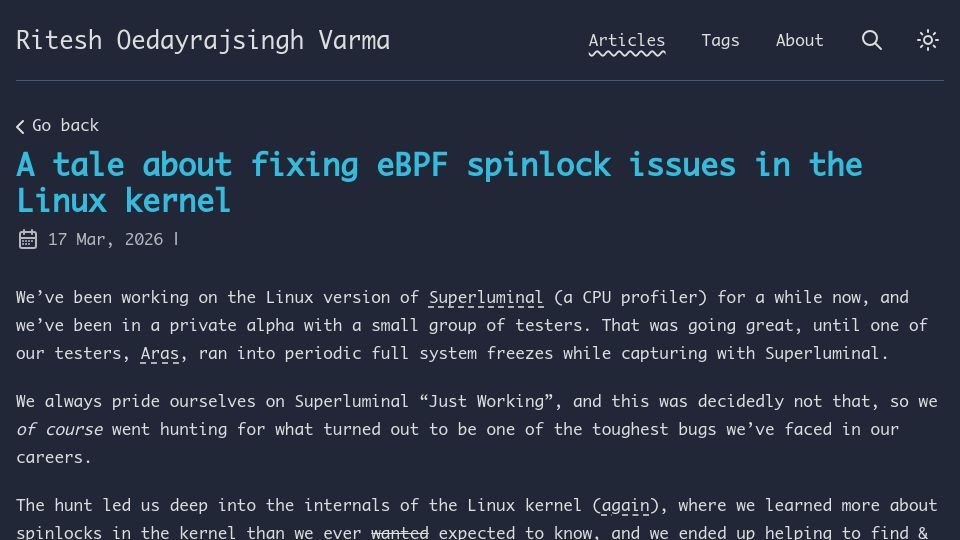 Screenshot of rovarma.com: A tale about fixing eBPF spinlock issues in the Linux kernel