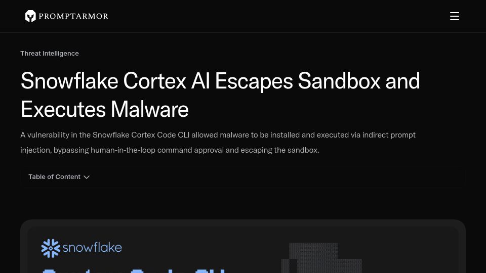 Screenshot of promptarmor.com: Snowflake AI Escapes Sandbox and Executes Malware