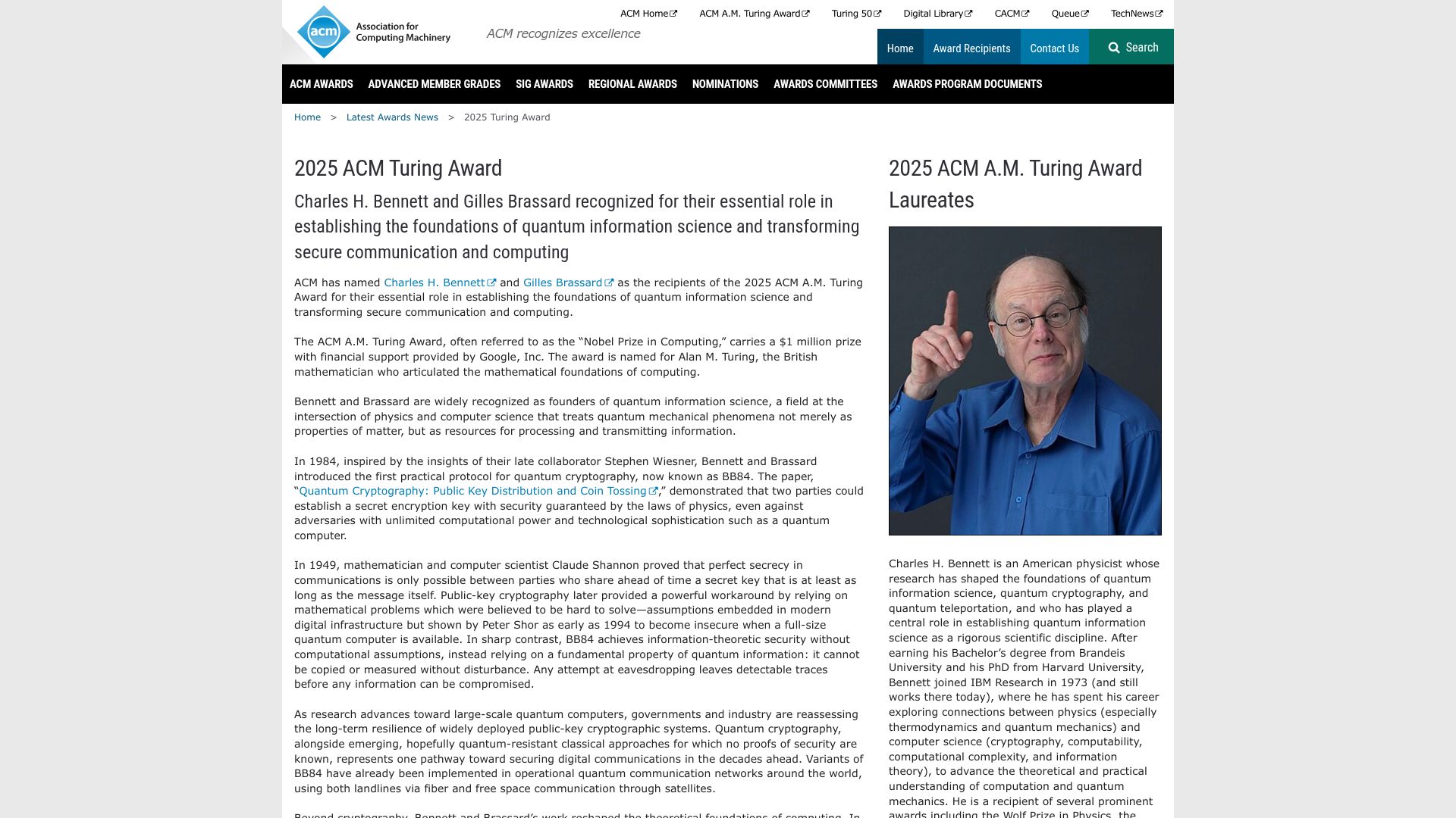 Screenshot of awards.acm.org: 2025 Turing award given for quantum information science