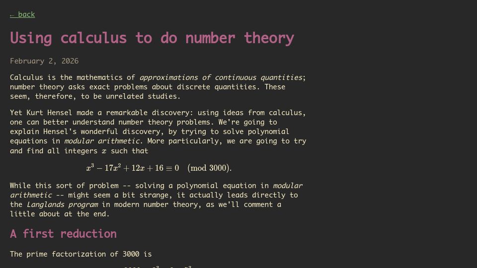 Screenshot of hidden-phenomena.com: Using calculus to do number theory