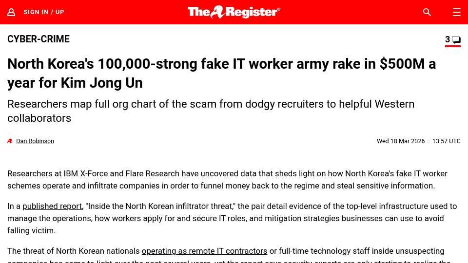 Screenshot of theregister.com: North Korean's 100k fake IT workers net $500M a year for Kim