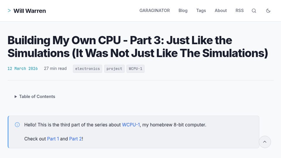 Screenshot of willwarren.com: Write up of my homebrew CPU build