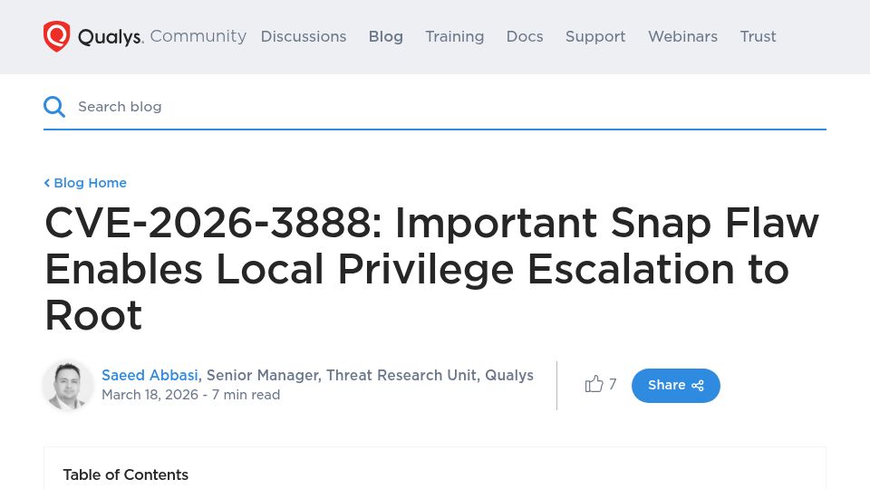 Screenshot of blog.qualys.com: CVE-2026-3888: Important Snap Flaw Enables Local Privilege Escalation to Root