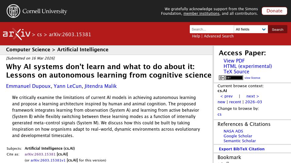 Screenshot of arxiv.org: Why AI systems don't learn – On autonomous learning from cognitive science