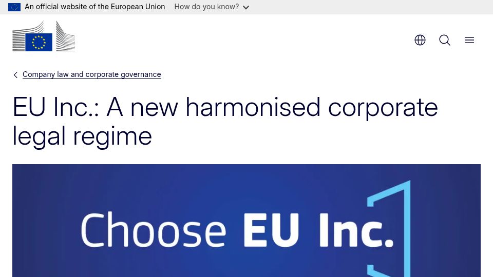 Screenshot of commission.europa.eu: EU Inc.: A new harmonised corporate legal regime