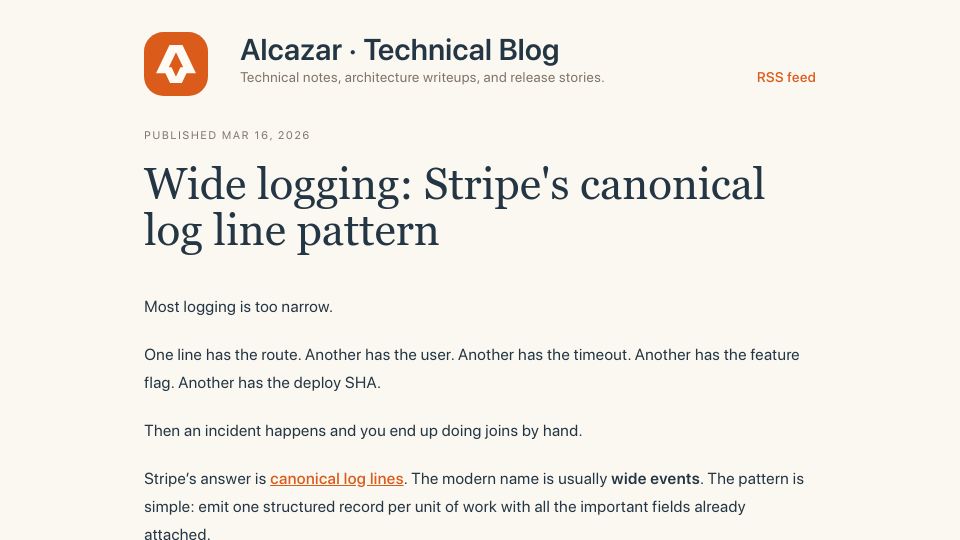 Screenshot of blog.alcazarsec.com: Wide logging: Stripe's canonical log line pattern