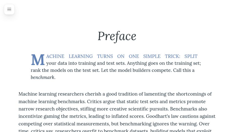 Screenshot of mlbenchmarks.org: Book: The Emerging Science of Machine Learning Benchmarks