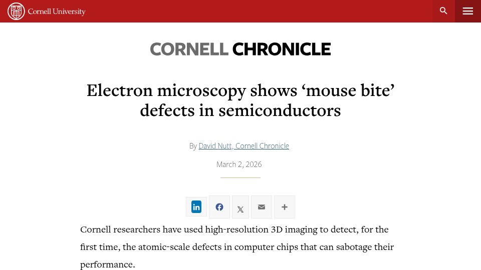 Screenshot of news.cornell.edu: Electron microscopy shows ‘mouse bite’ defects in semiconductors