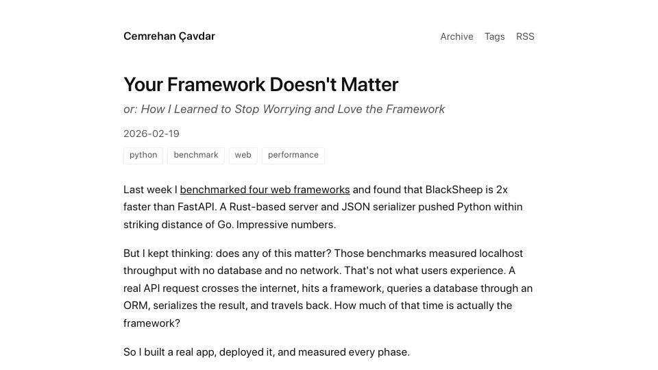 Screenshot of cemrehancavdar.com: Framework doesn't matter