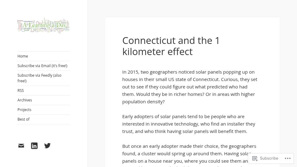 Screenshot of alearningaday.blog: Connecticut and the 1 Kilometer Effect