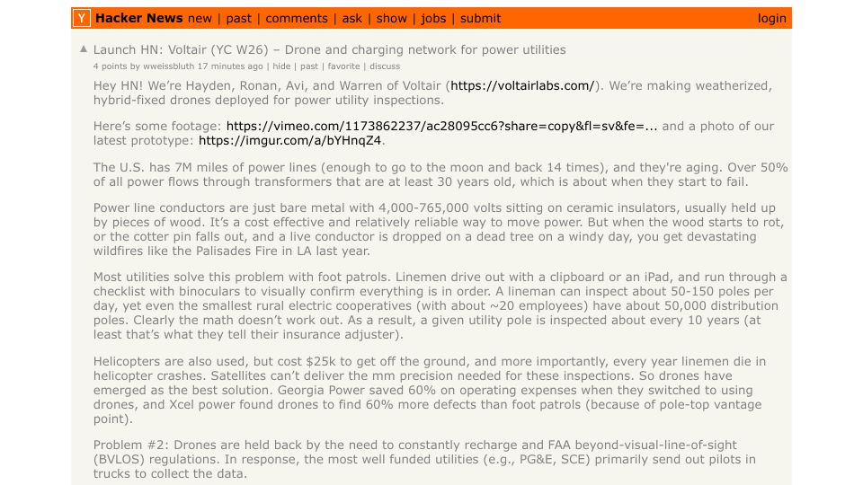 Screenshot of Hacker News post: Launch HN: Voltair (YC W26) – Drone and charging network for power utilities