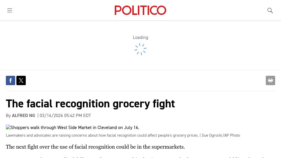 Screenshot of politico.com: The next fight over the use of facial recognition could be in the supermarkets