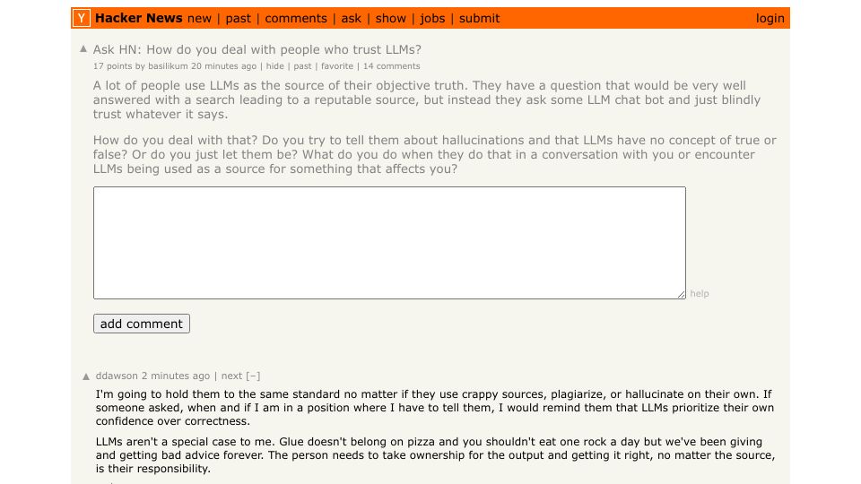Screenshot of Hacker News post: Ask HN: How do you deal with people who trust LLMs?