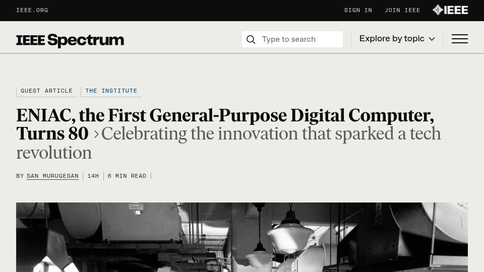 Screenshot of spectrum.ieee.org: Eniac, the First General-Purpose Digital Computer, Turns 80